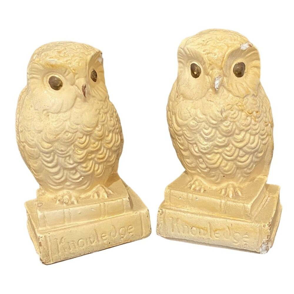 Vintage Chalkware Knowledge Owl Bookends‎ 6"  Beige Birds Bookworm Home Decor